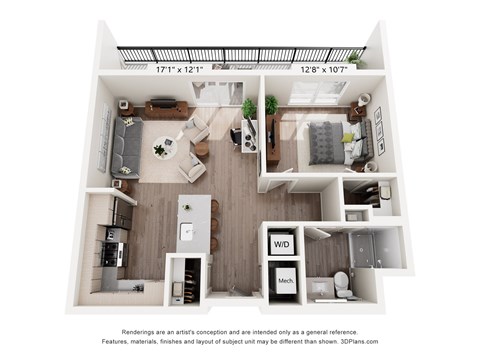Floor plan for 1 bed, 1 bath, 748 sqft